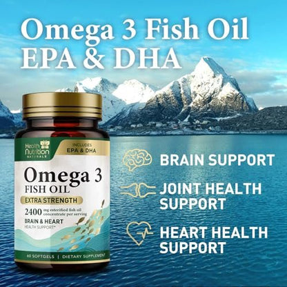 Omega 3 Fischöl Kapseln – 2400 mg Fischöl pro Portion – Dreifach starke Omega-3 mit EPA & DHA Fettsäuren – Natürliche Unterstützung für Herz, Gehirn und Immunsystem – Wild gefangen, in den USA abgefüllt – 60 Weichkapseln