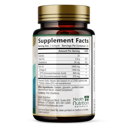 Omega 3 Fischöl Kapseln – 2400 mg Fischöl pro Portion – Dreifach starke Omega-3 mit EPA & DHA Fettsäuren – Natürliche Unterstützung für Herz, Gehirn und Immunsystem – Wild gefangen, in den USA abgefüllt – 60 Weichkapseln