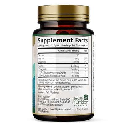Omega 3 Fischöl Kapseln – 2400 mg Fischöl pro Portion – Dreifach starke Omega-3 mit EPA & DHA Fettsäuren – Natürliche Unterstützung für Herz, Gehirn und Immunsystem – Wild gefangen, in den USA abgefüllt – 60 Weichkapseln