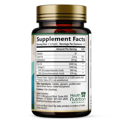 Omega 3 Fischöl Kapseln – 2400 mg Fischöl pro Portion – Dreifach starke Omega-3 mit EPA & DHA Fettsäuren – Natürliche Unterstützung für Herz, Gehirn und Immunsystem – Wild gefangen, in den USA abgefüllt – 60 Weichkapseln