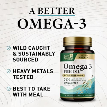 Omega 3 Fischöl Kapseln – 2400 mg Fischöl pro Portion – Dreifach starke Omega-3 mit EPA & DHA Fettsäuren – Natürliche Unterstützung für Herz, Gehirn und Immunsystem – Wild gefangen, in den USA abgefüllt – 60 Weichkapseln