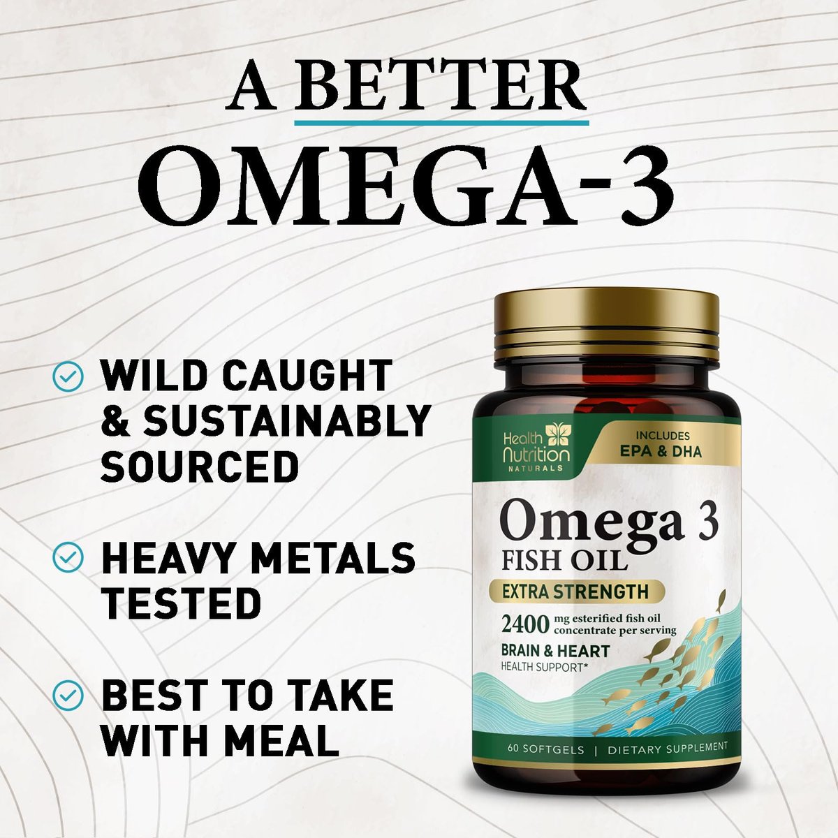 Omega 3 Fischöl Kapseln – 2400 mg Fischöl pro Portion – Dreifach starke Omega-3 mit EPA & DHA Fettsäuren – Natürliche Unterstützung für Herz, Gehirn und Immunsystem – Wild gefangen, in den USA abgefüllt – 60 Weichkapseln