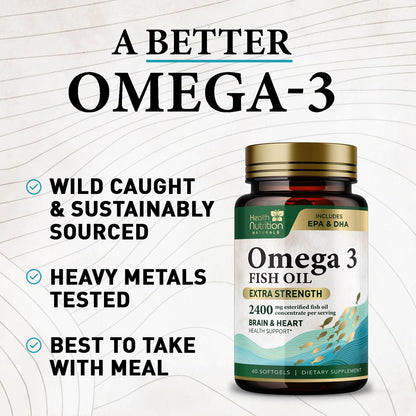 Omega 3 Fischöl Kapseln – 2400 mg Fischöl pro Portion – Dreifach starke Omega-3 mit EPA & DHA Fettsäuren – Natürliche Unterstützung für Herz, Gehirn und Immunsystem – Wild gefangen, in den USA abgefüllt – 60 Weichkapseln
