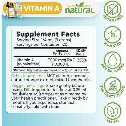 Why Not Natural Vitamin A Tropfen 10.000 IE - Flüssiges Retinylpalmitat mit Kokos-MCT-Öl, veganes Vitamin-A-Präparat für die Haut - 30 ml sublinguale Tinktur