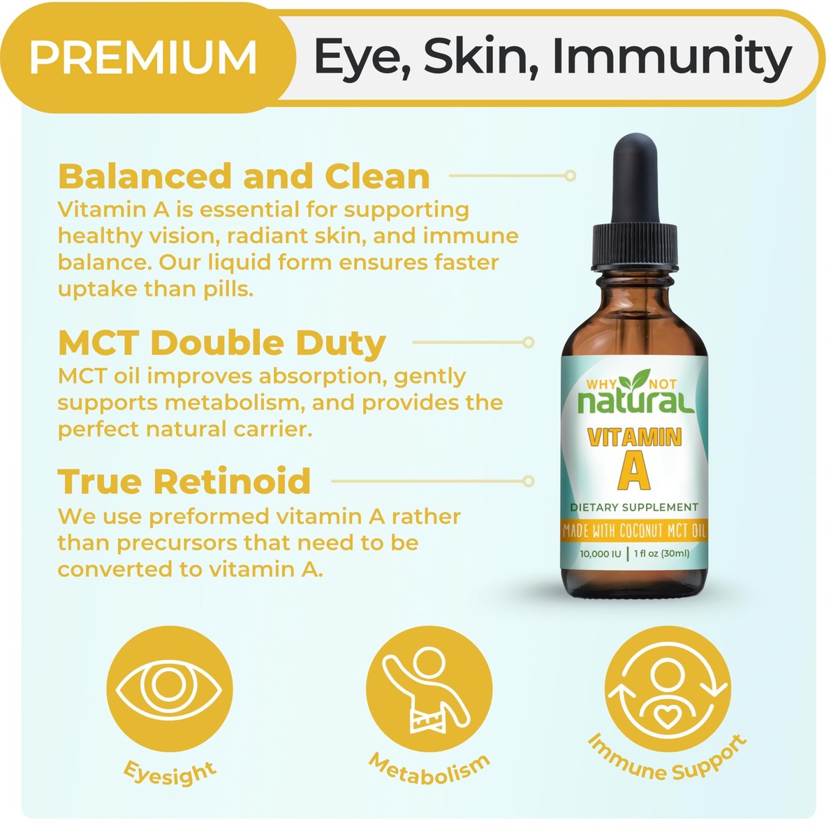 Why Not Natural Vitamin A Tropfen 10.000 IE - Flüssiges Retinylpalmitat mit Kokos-MCT-Öl, veganes Vitamin-A-Präparat für die Haut - 30 ml sublinguale Tinktur