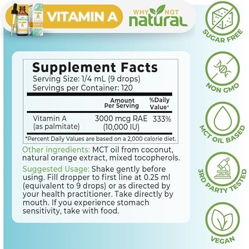 Why Not Natural Vitamin A Tropfen 10.000 IE - Flüssiges Retinylpalmitat mit Kokos-MCT-Öl, veganes Vitamin-A-Präparat für die Haut - 30 ml sublinguale Tinktur