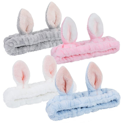 Ygreato 4er-Pack Elastische Stirnbänder mit Hasenohren aus Flanell für Frauen und Mädchen – Weiches SPA-Stirnband für die Gesichtsreinigung