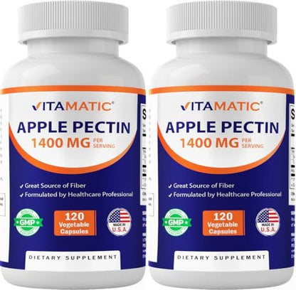 Vitamatic Apfelpektin 1400 mg pro 2 Kapseln – 120 vegetarische Kapseln pro Flasche | 2er-Pack (240 vegetarische Kapseln) Natürliches Ballaststoffpräparat – Unterstützt die Verdauungsgesundheit und Regelmäßigkeit*