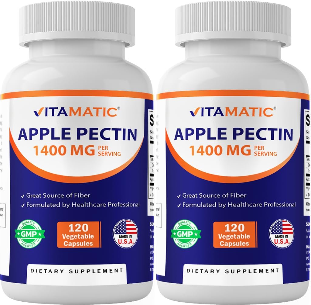 Vitamatic Apfelpektin 1400 mg pro 2 Kapseln – 120 vegetarische Kapseln pro Flasche | 2er-Pack (240 vegetarische Kapseln) Natürliches Ballaststoffpräparat – Unterstützt die Verdauungsgesundheit und Regelmäßigkeit*