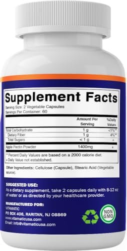 Vitamatic Apfelpektin 700mg – 120 vegane Kapseln, Ballaststoffpräparat für die Verdauungsgesundheit