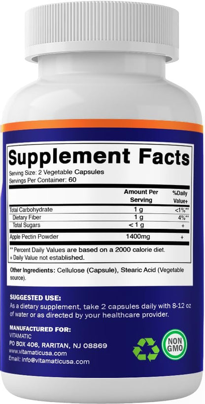 Vitamatic Apfelpektin 700mg – 120 vegane Kapseln, Ballaststoffpräparat für die Verdauungsgesundheit