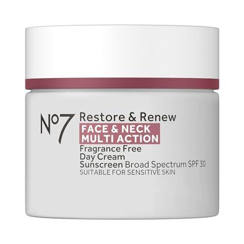No7 Restore & Renew Multi Action Gesichts- & Halscreme SPF 30 Tagescreme – Straffende & feuchtigkeitsspendende Gesichtsfeuchtigkeitscreme mit Hyaluronsäure zur Reduzierung von Falten – Duftfrei (50 ml)