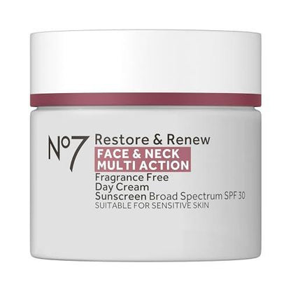 No7 Restore & Renew Multi Action Gesichts- & Halscreme SPF 30 Tagescreme – Straffende & feuchtigkeitsspendende Gesichtsfeuchtigkeitscreme mit Hyaluronsäure zur Reduzierung von Falten – Duftfrei (50 ml)