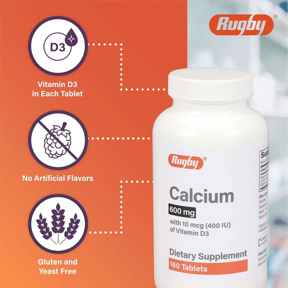 Rugby 600 mg Calcium Tabletten mit Vitamin D3 - 10 μg (400 IE) - Nahrungsergänzungsmittel - 180 Stück (1 Packung)