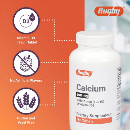 Rugby 600 mg Calcium Tabletten mit Vitamin D3 - 10 μg (400 IE) - Nahrungsergänzungsmittel - 180 Stück (1 Packung)