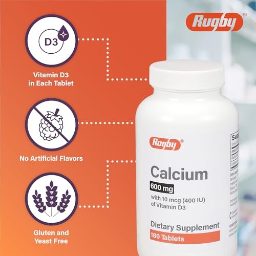 Rugby 600 mg Calcium Tabletten mit Vitamin D3 - 10 μg (400 IE) - Nahrungsergänzungsmittel - 180 Stück (1 Packung)