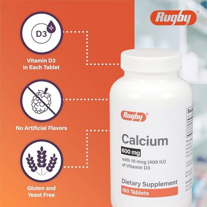 Rugby 600 mg Calcium Tabletten mit Vitamin D3 - 10 μg (400 IE) - Nahrungsergänzungsmittel - 180 Stück (1 Packung)