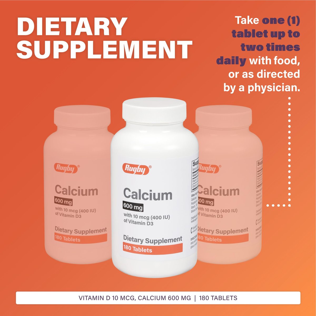 Rugby 600 mg Calcium Tabletten mit Vitamin D3 - 10 μg (400 IE) - Nahrungsergänzungsmittel - 180 Stück (1 Packung)