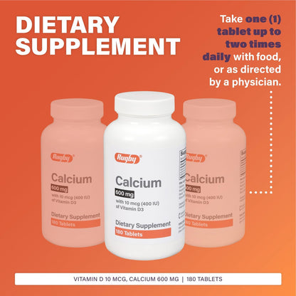 Rugby 600 mg Calcium Tabletten mit Vitamin D3 - 10 μg (400 IE) - Nahrungsergänzungsmittel - 180 Stück (1 Packung)