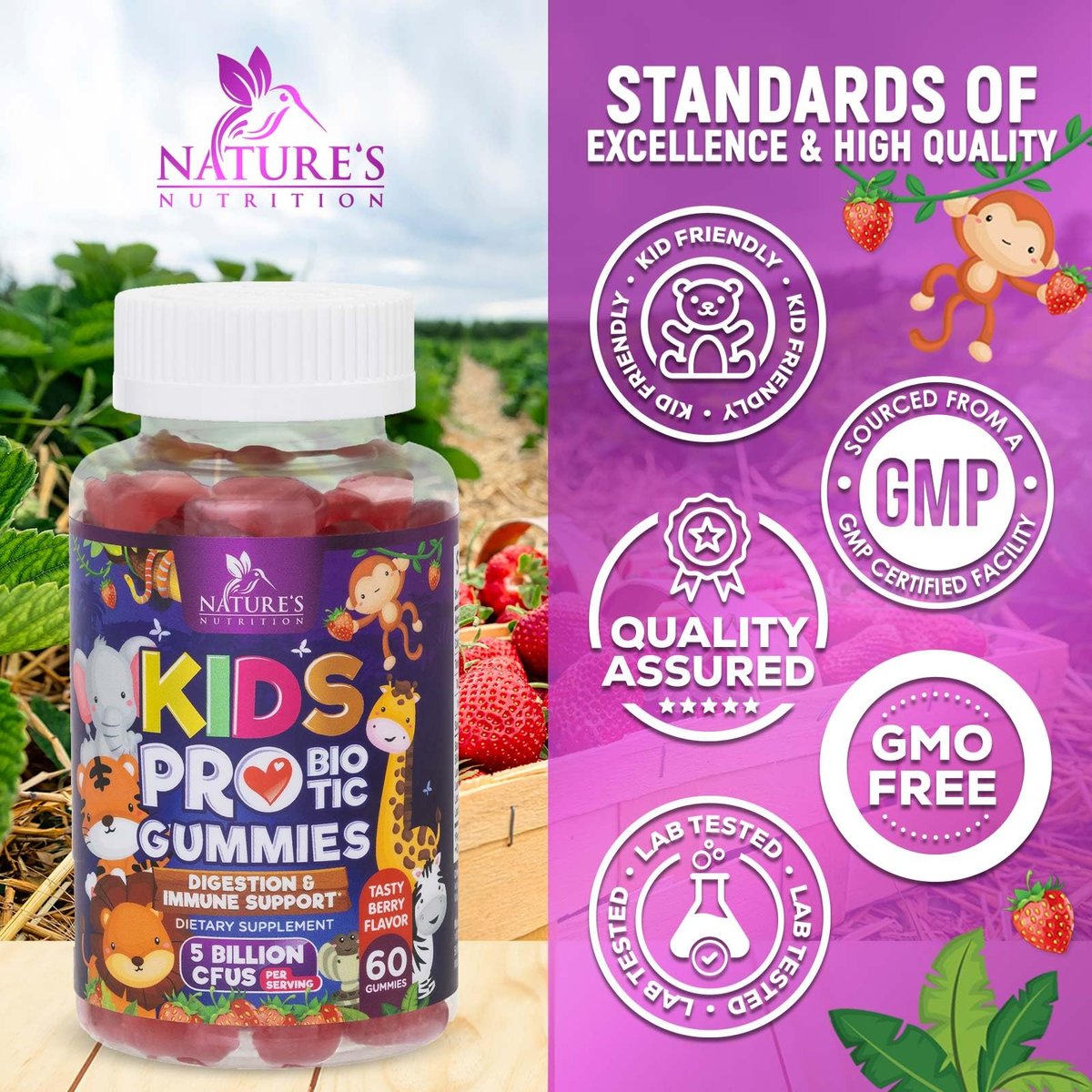 Probiotische Gummibärchen für Kinder - Immununterstützung & Verdauungsgesundheit - Tägliche, kaubare Probiotika für Kinder ab 4 Jahren - Vegan, gluten- & laktosefrei - Beerengeschmack - 120 Gummibärchen