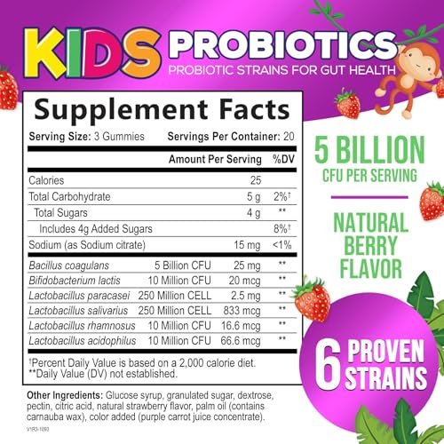 Probiotische Gummibärchen für Kinder - Immununterstützung & Verdauungsgesundheit - Tägliche, kaubare Probiotika für Kinder ab 4 Jahren - Vegan, gluten- & laktosefrei - Beerengeschmack - 120 Gummibärchen