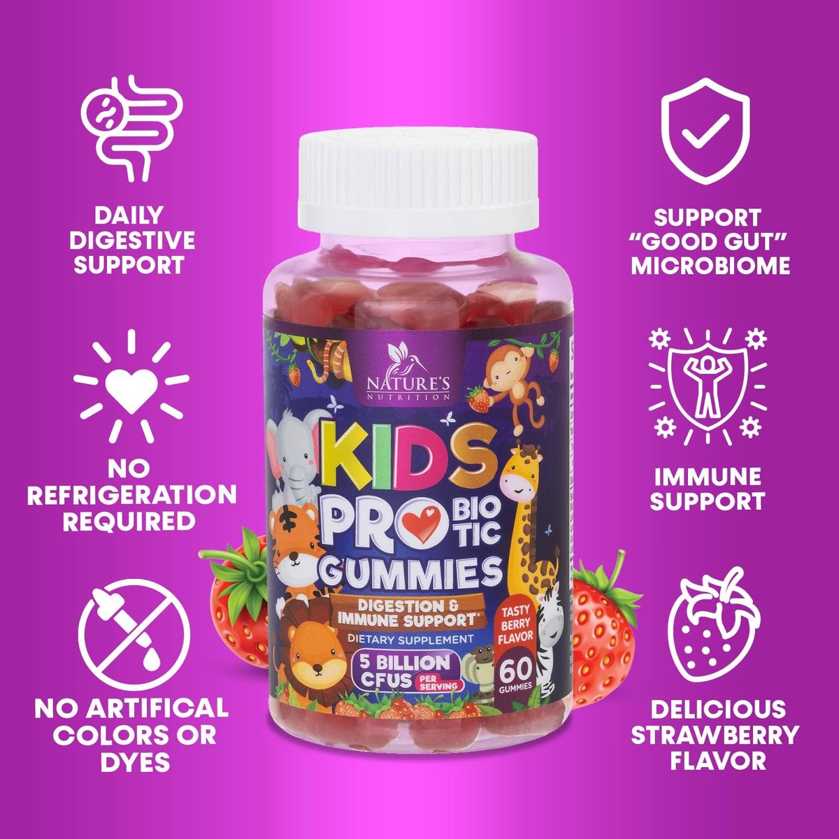 Probiotische Gummibärchen für Kinder - Immununterstützung & Verdauungsgesundheit - Tägliche, kaubare Probiotika für Kinder ab 4 Jahren - Vegan, gluten- & laktosefrei - Beerengeschmack - 120 Gummibärchen