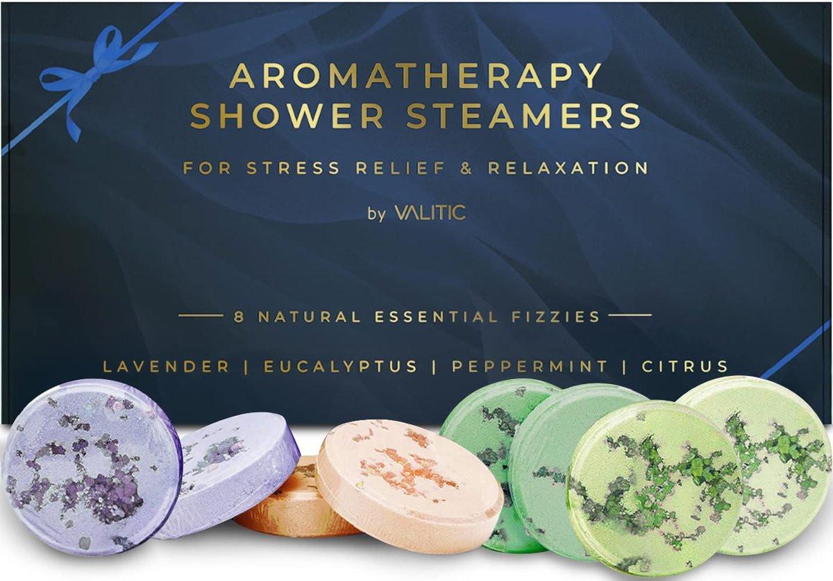 Valitic Aromatherapie Duschbomben für Stressabbau und Entspannung - Geschenke für Frauen Mama Geburtstag 8 natürliche Brause-Bomben - 4 Düfte - Lavendel, Eukalyptus, Zitrus und Pfefferminze