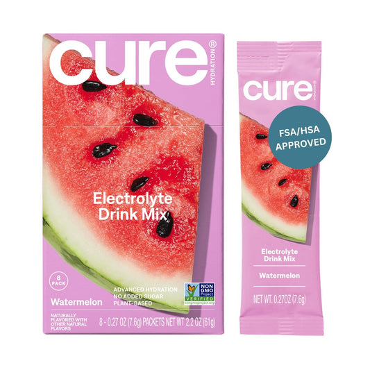 Cure Hydration | Pflanzliches Elektrolyt-Getränkepulver | Ohne Zuckerzusatz | FSA-HSA | Dehydrierungs-Linderungspulver mit Kokoswasser | Nicht-GVO | Vegan | Box mit 8 Portionsbeuteln - Wassermelone