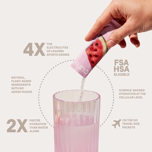 Cure Hydration | Pflanzliches Elektrolyt-Getränkepulver | Ohne Zuckerzusatz | FSA-HSA | Dehydrierungs-Linderungspulver mit Kokoswasser | Nicht-GVO | Vegan | Box mit 8 Portionsbeuteln - Wassermelone