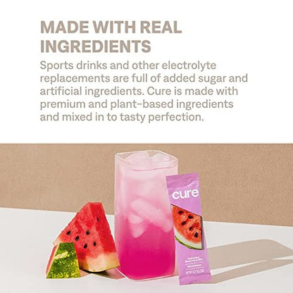 Cure Hydration | Pflanzliches Elektrolyt-Getränkepulver | Ohne Zuckerzusatz | FSA-HSA | Dehydrierungs-Linderungspulver mit Kokoswasser | Nicht-GVO | Vegan | Box mit 8 Portionsbeuteln - Wassermelone