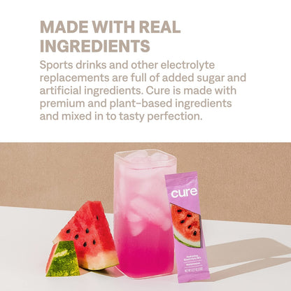 Cure Hydration | Pflanzliches Elektrolyt-Getränkepulver | Ohne Zuckerzusatz | FSA-HSA | Dehydrierungs-Linderungspulver mit Kokoswasser | Nicht-GVO | Vegan | Box mit 8 Portionsbeuteln - Wassermelone