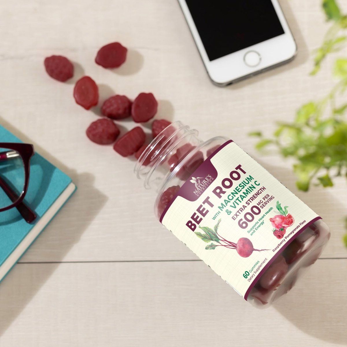 Rote Bete Gummibärchen mit Vitamin C & Magnesium – Superfood zur Unterstützung von Energie, Herzgesundheit und Stickoxid-Produktion – 60 Gummis