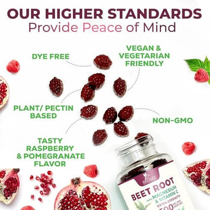 Rote Bete Gummibärchen mit Vitamin C & Magnesium – Superfood zur Unterstützung von Energie, Herzgesundheit und Stickoxid-Produktion – 60 Gummis
