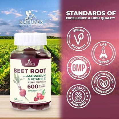 Rote Bete Gummibärchen mit Vitamin C & Magnesium – Superfood zur Unterstützung von Energie, Herzgesundheit und Stickoxid-Produktion – 60 Gummis