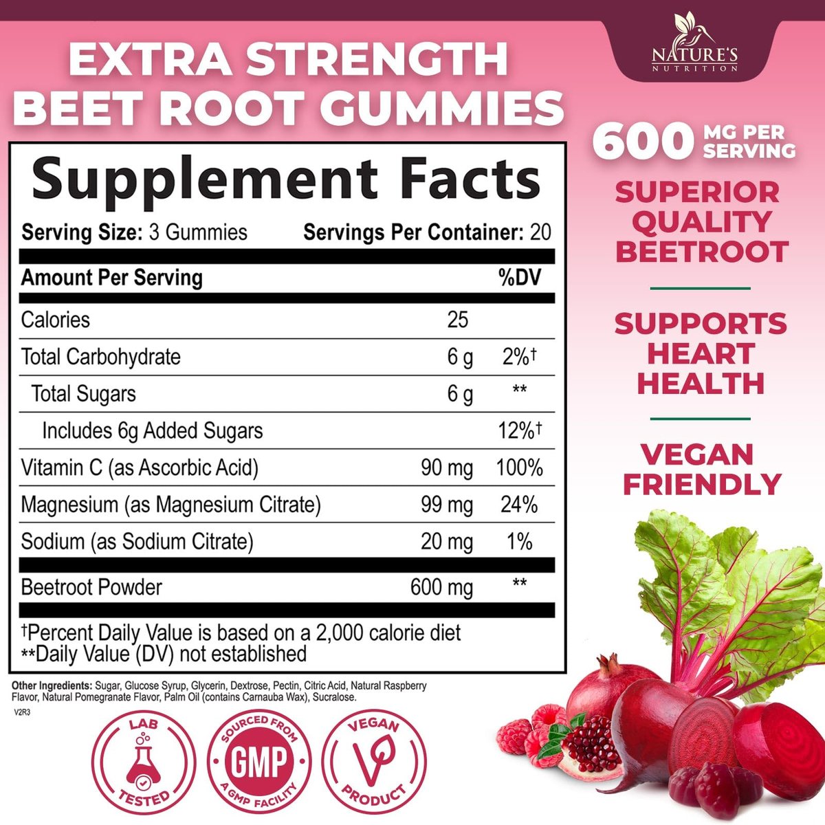 Rote Bete Gummibärchen mit Vitamin C & Magnesium – Superfood zur Unterstützung von Energie, Herzgesundheit und Stickoxid-Produktion – 60 Gummis