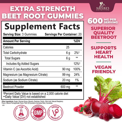 Rote Bete Gummibärchen mit Vitamin C & Magnesium – Superfood zur Unterstützung von Energie, Herzgesundheit und Stickoxid-Produktion – 60 Gummis