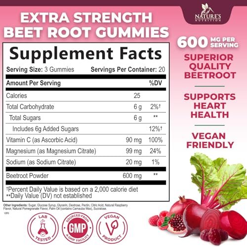 Rote Bete Gummibärchen mit Vitamin C & Magnesium – Superfood zur Unterstützung von Energie, Herzgesundheit und Stickoxid-Produktion – 60 Gummis