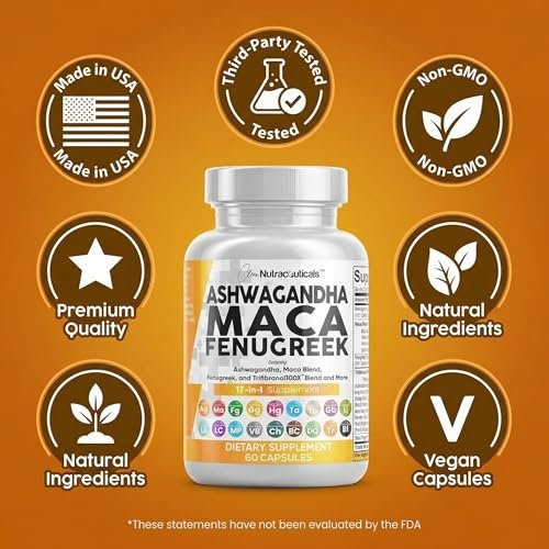 Clean Nutraceuticals Ashwagandha Maca Wurzel Bockshornklee Nahrungsergänzung mit Tongkat Ali Ginseng - Unterstützt Stress, Stimmung und Schilddrüse - Ashwagandha Kapseln Bockshornklee Kapseln - 1 Packung