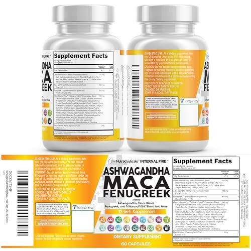 Clean Nutraceuticals Ashwagandha Maca Wurzel Bockshornklee Nahrungsergänzung mit Tongkat Ali Ginseng - Unterstützt Stress, Stimmung und Schilddrüse - Ashwagandha Kapseln Bockshornklee Kapseln - 1 Packung