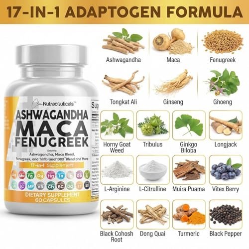 Clean Nutraceuticals Ashwagandha Maca Wurzel Bockshornklee Nahrungsergänzung mit Tongkat Ali Ginseng - Unterstützt Stress, Stimmung und Schilddrüse - Ashwagandha Kapseln Bockshornklee Kapseln - 1 Packung