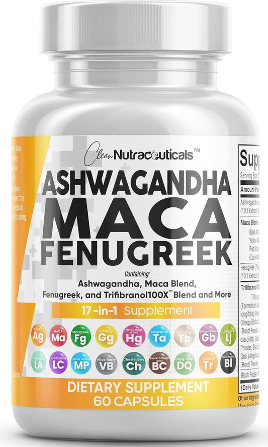 Clean Nutraceuticals Ashwagandha Maca Wurzel Bockshornklee Nahrungsergänzung mit Tongkat Ali Ginseng - Unterstützt Stress, Stimmung und Schilddrüse - Ashwagandha Kapseln Bockshornklee Kapseln - 1 Packung