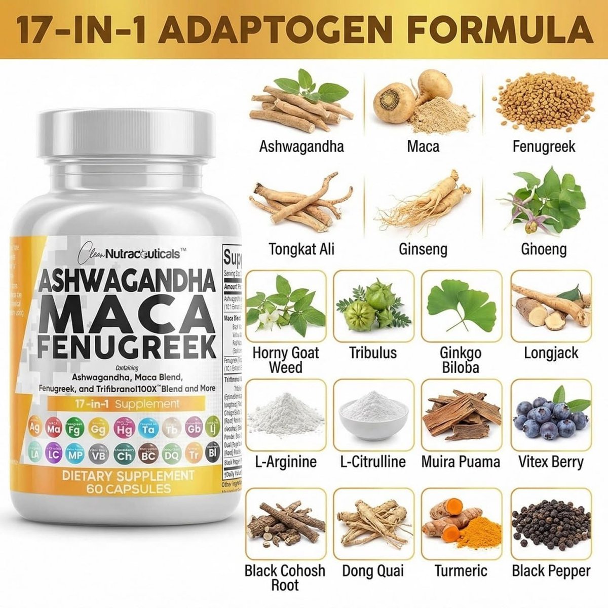 Clean Nutraceuticals Ashwagandha Maca Wurzel Bockshornklee Nahrungsergänzung mit Tongkat Ali Ginseng - Unterstützt Stress, Stimmung und Schilddrüse - Ashwagandha Kapseln Bockshornklee Kapseln - 1 Packung
