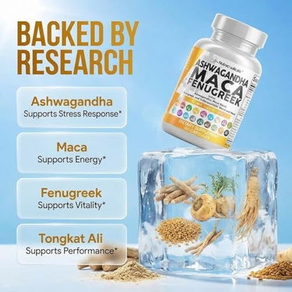 Clean Nutraceuticals Ashwagandha Maca Wurzel Bockshornklee Nahrungsergänzung mit Tongkat Ali Ginseng - Unterstützt Stress, Stimmung und Schilddrüse - Ashwagandha Kapseln Bockshornklee Kapseln - 1 Packung