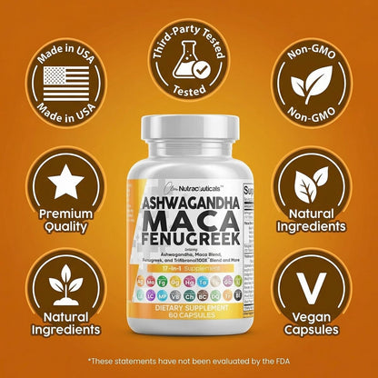 Clean Nutraceuticals Ashwagandha Maca Wurzel Bockshornklee Nahrungsergänzung mit Tongkat Ali Ginseng - Unterstützt Stress, Stimmung und Schilddrüse - Ashwagandha Kapseln Bockshornklee Kapseln - 1 Packung