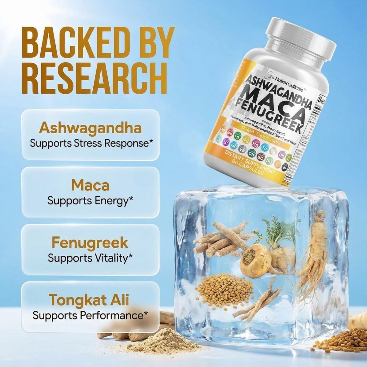 Clean Nutraceuticals Ashwagandha Maca Wurzel Bockshornklee Nahrungsergänzung mit Tongkat Ali Ginseng - Unterstützt Stress, Stimmung und Schilddrüse - Ashwagandha Kapseln Bockshornklee Kapseln - 1 Packung