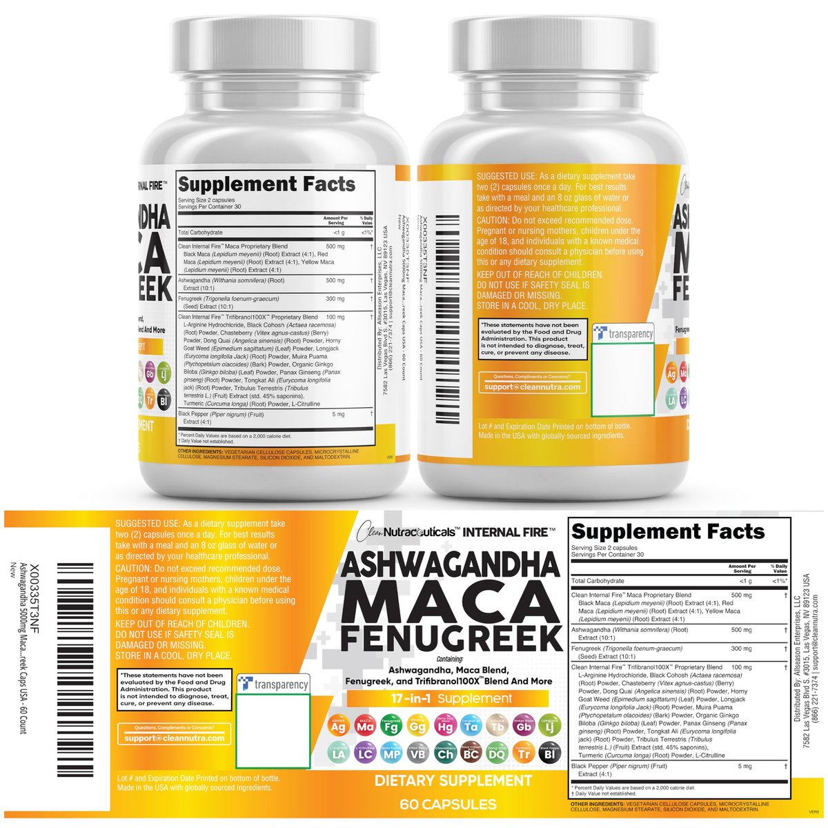 Clean Nutraceuticals Ashwagandha Maca Wurzel Bockshornklee Nahrungsergänzung mit Tongkat Ali Ginseng - Unterstützt Stress, Stimmung und Schilddrüse - Ashwagandha Kapseln Bockshornklee Kapseln - 1 Packung