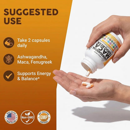 Clean Nutraceuticals Ashwagandha Maca Wurzel Bockshornklee Nahrungsergänzung mit Tongkat Ali Ginseng - Unterstützt Stress, Stimmung und Schilddrüse - Ashwagandha Kapseln Bockshornklee Kapseln - 1 Packung
