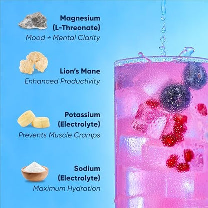 IQMIX Hydration Electrolyte Powder – 4-in-1 Formel für Hydration, geistige Klarheit, Stimmung und Erholung – Zuckerfreies Getränkepulver, Keto, Magnesium-L-Threonat, Löwenmähne – 20 Portionen Blaubeere Granatapfel