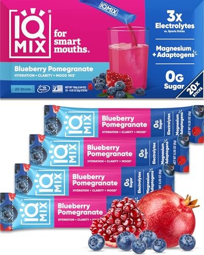 IQMIX Hydration Electrolyte Powder – 4-in-1 Formel für Hydration, geistige Klarheit, Stimmung und Erholung – Zuckerfreies Getränkepulver, Keto, Magnesium-L-Threonat, Löwenmähne – 20 Portionen Blaubeere Granatapfel