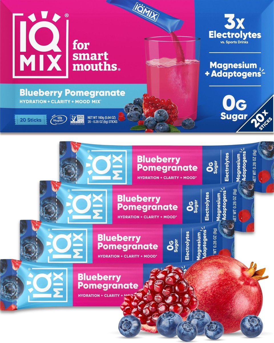 IQMIX Hydration Electrolyte Powder – 4-in-1 Formel für Hydration, geistige Klarheit, Stimmung und Erholung – Zuckerfreies Getränkepulver, Keto, Magnesium-L-Threonat, Löwenmähne – 20 Portionen Blaubeere Granatapfel